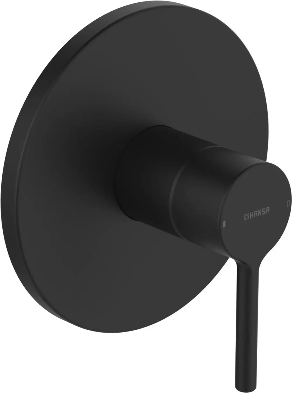 Schwarze Wandarmatur von HANSA mit runder Plattenschale und seitlichem Hebel zur Steuerung des Wasserflusses.